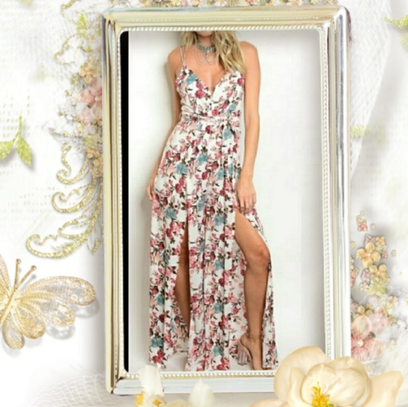 (MADELYN) Floral Wide Double Split Leg Jumpsuit - Picture 3 of 3